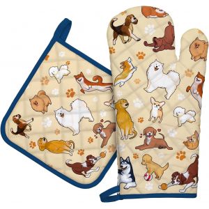 Gants De Four & Maniques Lot De 2, 100% Coton Maniques Cuisine Gant Four Anti Chaleur Extra-Longue Pour Barbecue, Cuisine, Griller, Micro-Ondes(Chien De Dessin Anim&eacute;) - Neuf