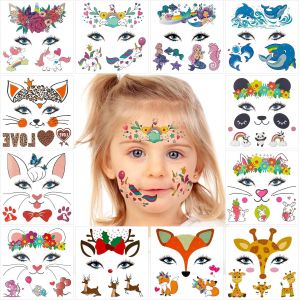 12 Feuilles Animaux Tatouages Du Visage Pour Enfants,Tatouage Temporaire Du Visage Pour Filles Et Gar&ccedil;ons,Sir&egrave;ne Licorne Dauphin Panda Lapin Renard Souris Girafe Tatouage - Neuf