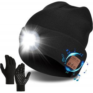 Jexnovashop-Bonnet Bluetooth Sans Fil Avec Lampe Frontale Led V5.0 Pour &Eacute;cran Tactile Gants Usb Rechargeable Chapeau De Musique Lavable Pour Homme Femme Course &Agrave; Pied, Ski, Randonn&eacute;e, Camping, Cyclis - Neuf