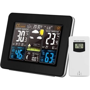 SUBZONAL-Station m&eacute;t&eacute;o sans fil int&eacute;rieure/ext&eacute;rieure couleur avec thermom&egrave;tre, hygrom&egrave;tre et barom&egrave;tre, horloge de bureau &eacute;lectronique avec pr&eacute;visions m&eacute;t&eacute;o, phases de la lune, alarme, affichage LED - Neuf