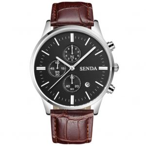 Montre-Bracelet À Quartz En Cuir Pu À La Mode D'affaires (Boîtier Argenté + Miroir Noir + Bracelet De Montre Soufflé) - Neuf