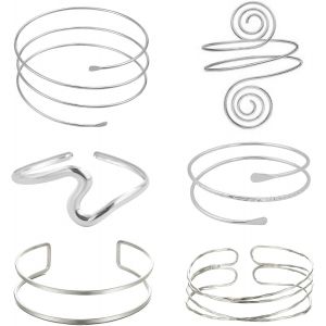 Argent Brassard De Bras Pour Femme 6 Pi&egrave;ces R&eacute;glables M&eacute;tal Bracelet Ensemble Ajustable Argent Minimalistes Bracelet &Agrave; Bras En Spirale Punk Pour Femmes Cadeau D'anniversaire - Neuf