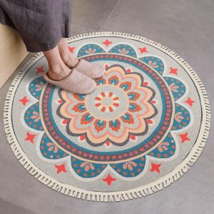 Kal-Tapis Rond À Poils Courts De 0,6 M, Lavable En Machine, Tapis Rond Bohème Pour Chambre À Coucher, Bureau, Couloir, Chambre D'enfant Et Cuisine, Tapis Vintage Ultra Fin, Motif Cercles 152,4 X - Neuf