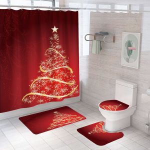 4 Pi&egrave;ces de No&euml;l Rideaux de Douche avec anti-D&eacute;rapant Tapis&iquest;Style C&iquest;, Couvercle des Toilettes et Tapis de Bain, Vintage Imperm&eacute;able salle de Bain Rideau de Douche avec 12 Crochets - Neuf