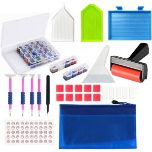 AYUHR-33PCS Kit de peinture diamant- sac organisateur, stylos collants, pince à épiler en métal, boîtes de rangement 28 emplacements, autocollant d'étiquette numéro, rouleau, grattoir ... - Neuf