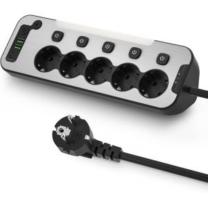 Multiprise Electrique avec Interrupteur Individuel, Prise Multiple Murale 5 Prises, Multiprise Bureau en M&eacute;tal avec Veilleuse, Bloc Prise Cuisine d'Angle Parafoudre et Surtension,2 M C&acirc;ble, Blanc - Neuf