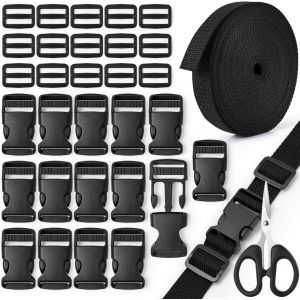 Mevronisshop-10m Sangle Nylon 20mm 25mm 32mm Avec 15 Boucle Plastique Clip Et 15 Tri-Glide Curseur Plastique,Boucle Plastique Clip Fermoir Pour Sangle, Clips De Boucles R&eacute;glables Pour Sac &Agrave; Dos Bagag - Neuf