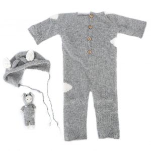 Tenue De Photographie Pour Nouveau-Ne, Combinaison Tricotee Douce, Chapeau, Jouet, Accessoires De Seance Photo Pour Bebe, Gris - Neuf