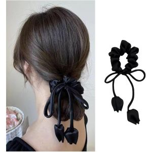 Kal-Chouchou Ruban Noir Satin Soyeux &Eacute;lastique Attache Cheveux Fleur Bandeau Queue De Cheval Chouchou Corde Avec Tulipe Accessoires Cheveux D&eacute;coratifs Pour Femmes Et Filles Coiffure - Neuf