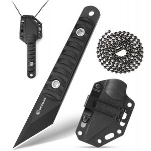 YTFHG-Couteau de cou¿ Mini couteau lame fixe 5,6 cm en acier 5Cr14MoV, avec étui en ABS et chaîne à billes, Noir intégral - Neuf