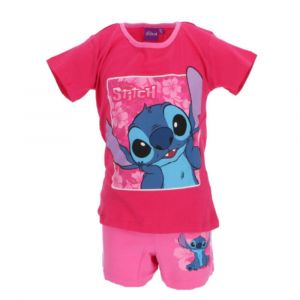 Pyjama Court Disney Stitch Fille - Coton - T-Shirt Et Short Fuchsia (Taille 4 Ans,Couleur Fushia) - Neuf