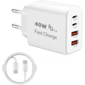ERYI-Kit 2 Pi&egrave;ces Chargeur 40W 4 Ports Usb-C/Usb-A Avec C&acirc;ble C-C 2M &iquest; Chargeur Rapide Multi-Appareils Pour Iphone 16/15/14, Samsung Galaxy S24/S25 Ultra, Ipad &iquest; Pd + Qc 3.0 - Neuf