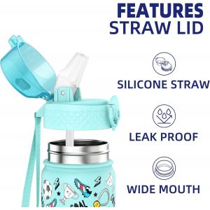 Petite Gourde Isotherme Avec Paille Pour Enfant, Double Paroi En Acier Inoxydable, Anti-Fuites, Sans Bpa - Pour Filles Et Gar&ccedil;ons (420 Ml) - Neuf