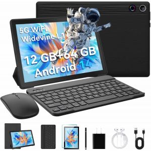 CHECARZHN--NO1-Tablette Android 14,12 Go Ram + 64 Go Rom (Tf 1 To), Widevine L1/Face Recognition Unlock/Wifi 6, Kit Tablette 8 En 1 (Avec Stylet + Étui De Protection, Souris Sans Fil + Écouteurs) - Neuf