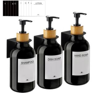TIANYI-3 Pi&egrave;ces Distributeur Savon Mural, Distributeur de Savon 500ml avec &Eacute;tiquettes No Per&ccedil;age pour Cuisine et Salle de Bain - Noir - Neuf