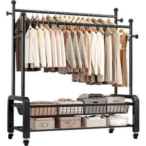 ytseazn-Porte Manteau,Portant A Vetement,Portant Vetement Solide,Portant Vêtements Roulettes Avec Double Rangement Et Deux Cintres(Noir) - Neuf