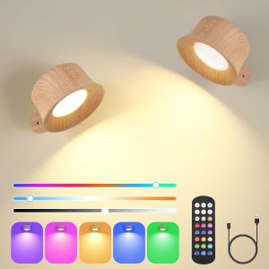 Applique Murale Interieur, Rotatifs 360°Lampe De Chevet Liseuse, Lampe Murale Led Rechargeable Avec Télécommande Ou Tactile, Applique Murale Sans Fil Pour Chambre (Grain De Bois) - Neuf