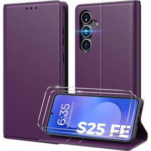 CAUC-Coque pour Samsung Galaxy S25 FE, [ Verre Tremp&eacute; Protection*2], [ Blocage du Signal RFID ] [ Premium PU ] [ Pochette de Portefeuille ] Etui &agrave; Rabat pour Samsung S25 FE-Violet fonc&eacute; - Neuf