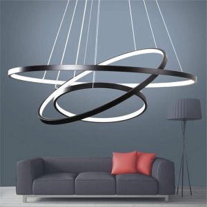 Subzonal-Led Lustre Salon Plafonnier Cr&eacute;atif Rond 3 Cercle Lustre, Dimmable Avec T&eacute;l&eacute;commande 3000k-6500k, Acrylique Chambre Cuisine Bureau D&eacute;coration Lampes 76w (Noir) - Neuf