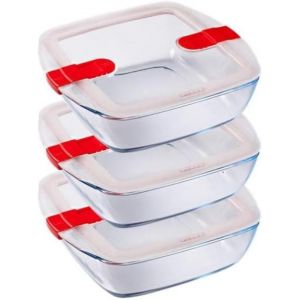 LETNERNY-Cook & Heat - Lot De 3 Boites Carrées Identiques - 1L - Verre Borosilicate - Lunchbox - Couvercle Hérmétique Spécial Micro-Onde - Made In France - Neuf