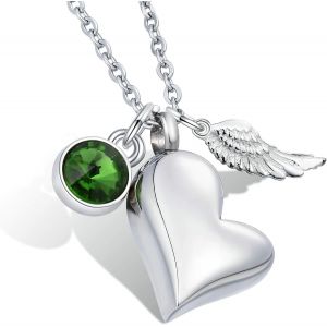 Trahoo-Collier Avec Pendentif Urne En Acier Inoxydable Avec Pierre De Naissance En Cristal - Ailes D'ange - Cendres - Pendentif C?ur - Argent - Neuf