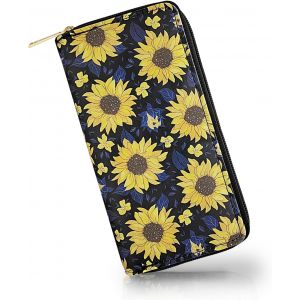 CAUC-Portefeuille long en cuir synth&eacute;tique pour femme avec motif floral, portefeuille multi-compartiments avec fermeture &eacute;clair pour cartes, pi&egrave;ces de monnaie, billets, jaune, M, Minimaliste - Neuf