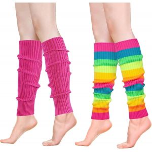 Femme Ann&eacute;es 80 Jambi&egrave;res, Femmes Arc - En - Ciel Genouill&egrave;res Et Rose Knit Leggings Vintage 80s Th&egrave;me Parti Sport Yoga Casual Mode Color&eacute; Leggings Pantalons (2 Paires) (Arc-En-Ciel,Rose Rouge) - Neuf