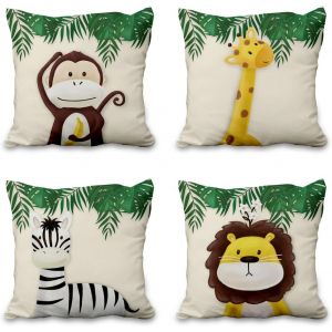 KALANKA-41x41cm Lot de 4 Mignonne Dessin Anim&eacute; Animal Housse de Coussin For&ecirc;t Singe Girafe Floral Plante Beige Lin De Coussincarr&eacute; B&eacute;b&eacute; Taie d'oreiller Decoration Enfant F&ecirc;te Canap&eacute; Chambre Sofa - Neuf