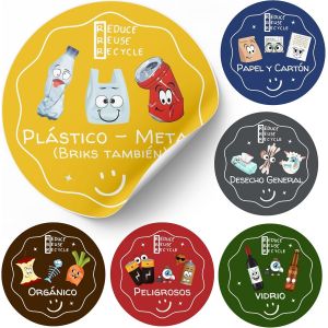 Trahoo-Ø11cm - Kit 6 Autocollants Poubelle De Tri Selectif Espagnol| Vinyle Adhésif | Stikers Pour Poubelle Recyclage | Etiquettes Bac Tri Selectif |Colorés,Éducatifs Pour Enfants (Ø11 Cm-Español) - Neuf
