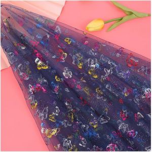 Tissu En Tulle À Paillettes-2 M X 150 Cm-Vendu Au Mètre-Motif Papillons-Pour Décoration D'intérieur,Mariage,Robe,Costume,Accessoires-Bleu Marine - Neuf