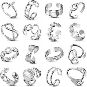 Kal-16 Pcs Bague Femme Acier Inoxydable Bagues Boho Bague Minimaliste Fleur Coeur Papillon Bague Empilables Bagues De Pouce Ouvert Punk Bague Reglable Argent Bague Femme - Neuf