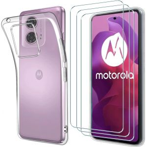 Jakn-4 En 1 Coque Pour Motorola Moto G24/Moto G04 Avec 3 Films De Protection En Verre Trempé,Silicone Tpu Fin Bumper Anti-Jaunissement Transparent Étui Pour Motorola Moto G04 - Neuf