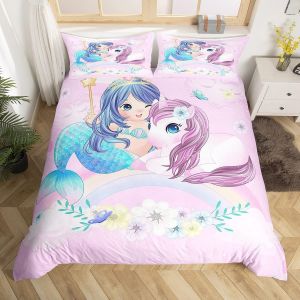 Tianyi-Ensemble De Literie Bleu Sirène Pour Filles Housse De Couette Mignonne Licorne Housse Couette Les Enfants Rêvent Parure De Lit Arc-En-Ciel Féminin Couvre Lit Chic Fleuri 140x200,Décor De Chamb - Neuf