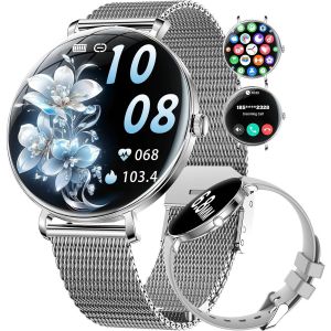 Montre Connect&eacute;e Femme avec Appel, 1,43'' AMOLED Smartwatch avec 2 Bracelets/Fonction F&eacute;minine/Fr&eacute;quence Cardiaque/Sommeil, Etanche IP68 Montre avec 100+ Sportifs pour Android iOS - Neuf