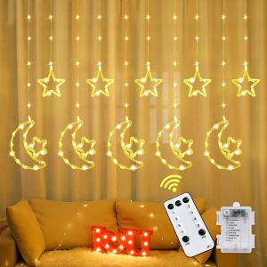 JGD-&Eacute;toiles Lune Rideau Lumi&egrave;res, 3.5m Lune Rideau Lumineux Ramadan, LED Guirlande Lumineuse &Eacute;toiles, Rideau Lumineux D&eacute;coration pour Ramadan, F&ecirc;te, Fen&ecirc;tre, Mariage (B) - Neuf