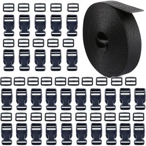 Jgd-10m Sangle Nylon 25 Mm Avec 30pcs Boucles En Plastiques, Boucle Plastique Noir Clip Fermoir Pour Sangle, Accessoires De Sac &Agrave; Dos, Tente, Sac &Agrave; Dos Enfant, Collier De Chien, 30pcs Curseur - Neuf