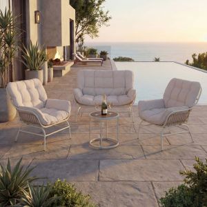 Ensemble Lounge Hwc-P75, Salon De Jardin Canap&eacute; Ensemble De Si&egrave;ges, Tissu 220 G/M&sup2; Polyrotin M&eacute;talGris Clair, Coussins Beiges - Neuf