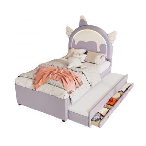 Lit avec tiroirs lit 90x200 cm lit d'enfant en forme de licorne &eacute;quip&eacute; d'un lit &agrave; roulettes extensible pu violet - Neuf