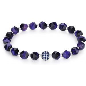 Kal-Femmes Bracelet En Perles Fait Main Bracelet Extensible En Pierre Naturelle 8mm Perles De Zircone Pav&eacute;e Authentiques Diamant Bleu Boules De Platine 18k Cristaux - Neuf