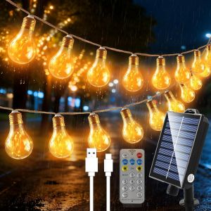 JGD-Guirlande Lumineuse Exterieure, A60 Guirlande Guinguette Solaire avec 16 Ampoules, Corde de Chanvre 8M, 8 Modes IP65 &Eacute;tanche, T&eacute;l&eacute;commande et Chargement USB, pour Jardins, Cours, Bistrots, Pavill - Neuf