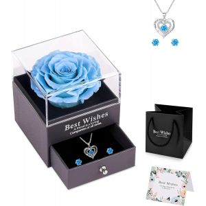Rose &Eacute;ternelle Bleu idee Cadeau No&euml;l Maman Femme avec Collier Cadeau Fete des Meres Rose Eternelle sous Cloche Cadeau Cadeau Anniversaire Maman Original Cadeaux pour Maman Grand-m&egrave;re - Neuf