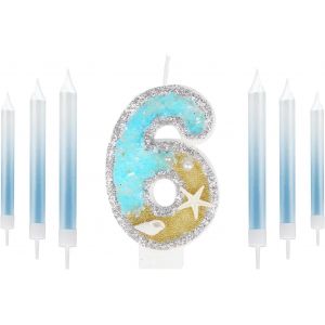 Eryi-Bougie D'anniversaire À Paillettes Pour Gâteau De 6e Anniversaire - Décoration De 6e Anniversaire Sur Le Thème De La Sirène - Fournitures De Fête D'anniversaire - Numéro 6 - Bleu Doré - Neuf