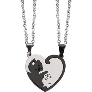 2 Pi&egrave;ces Collier Couples Pendentif Chat, Collier Couples Argent Noir, Collier Pendentif Puzzle, Meilleur Cadeau Pour Vous Et Votre Amant - Neuf