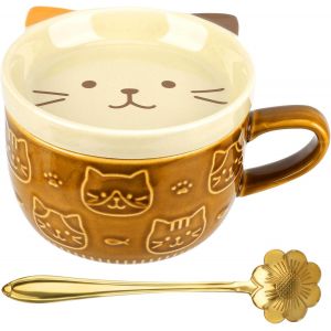 Kalanka-Tasse Caf&eacute;, 300ml Cadeau Mug Chat, Tasse En C&eacute;ramique Personnalis&eacute;, Tasse &Agrave; Caf&eacute; Avec Couvercle Et Cuill&egrave;re Mignonne, Cadeau Pour Coll&egrave;gue, Ami, Famille, Anniversaire, F&ecirc;te, No&euml;l - Neuf