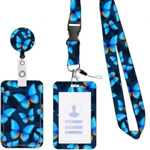 Porte Badge,étiquette de nom Retractable,Porte-cartes verticaux,avec Cordon Tour de Cou,Porte-cartes,pour Clés,École(papillon bleu) - Neuf