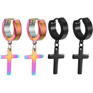 Kal-Acier Inoxydable Clou D'oreille Boucle D'oreille Clou D'oreille Argent Noir Doré Ronde Croix Pendentif Rétro Homme Femme - Neuf