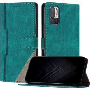 Kal-&Eacute;tui Pour Xiaomi Redmi Note 10 5g/Poco M3 Pro 5g, Housse En Cuir Pu Avec [Protection Antichoc Tpu] [Fonction Support] [Porte-Cartes ] Antichoc Magn&eacute;tique Coque Pour Redmi Note 10 5g - Vert - Neuf