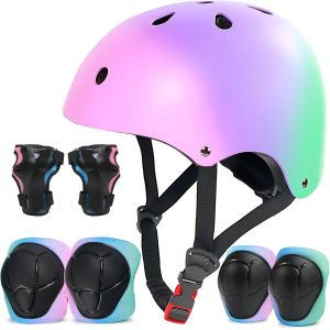 Casque Pour Enfants Avec Genouill&egrave;res - Coudi&egrave;res Prot&egrave;ge-Poignets - Casque V&eacute;lo Enfant R&eacute;glable(Rose Violet Vert,S) - Neuf