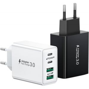 JGD-Chargeur USB C, 40W 4 Port Prise Chargeur Rapide USB C, 2Pack Multiple Secteur Double PD+QC 3.1A Type C Adaptateur pour iPhone 17 16 15 14 13 12 11 Pro Max 8 7 6S Plus Mini SE, iPad, Samsung Gala - Neuf