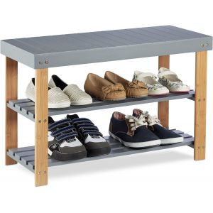 Kgabery-10022209 Banc Bambou,2 Niveaux Ouverts,Range-Chaussures,Banquette Veinure Naturelle,45x70x28,5cm,Gris,Hlp 45x70x28,5 Cm - Neuf
